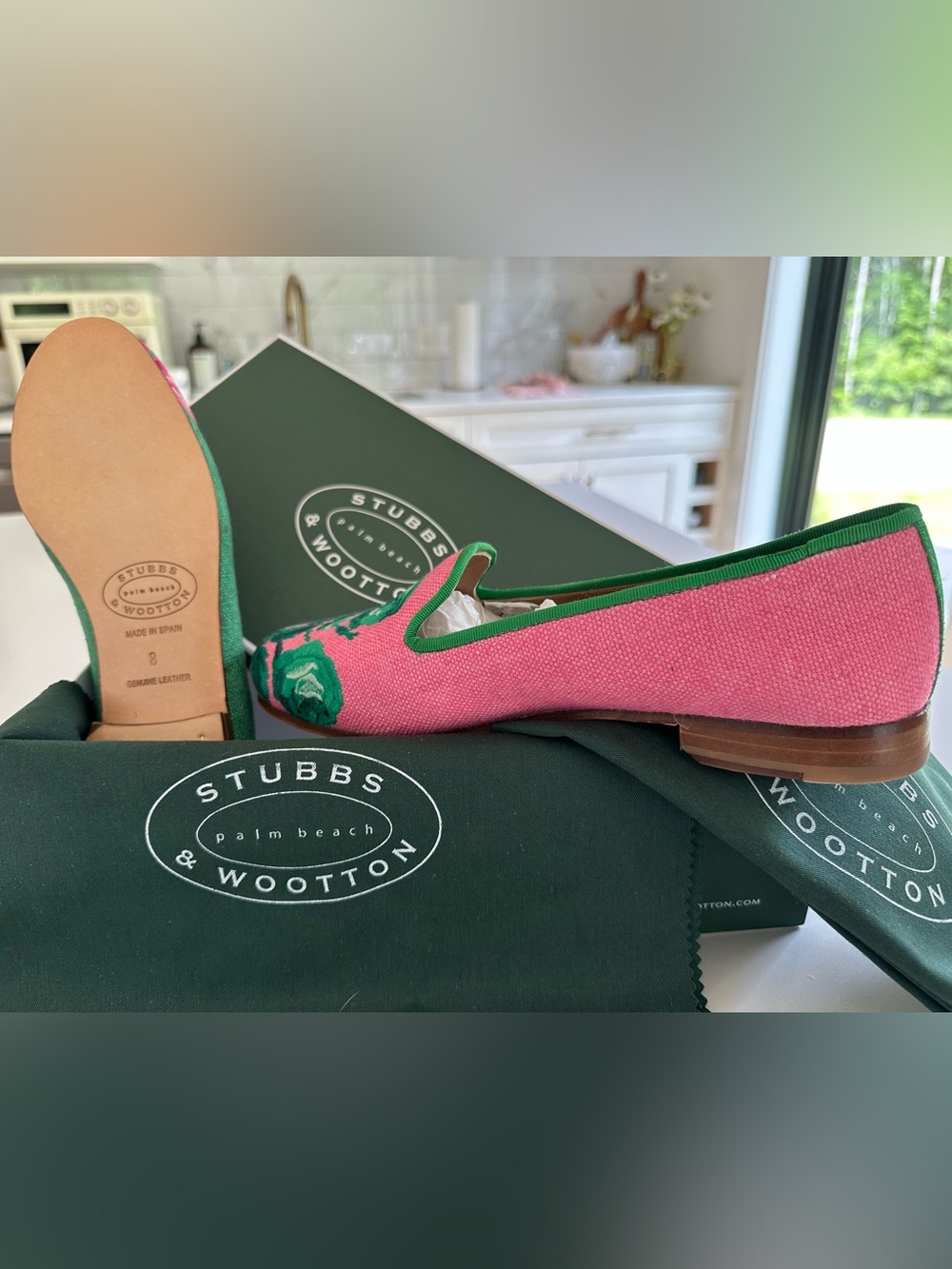 Stubbs & Wootton Pink and Green Floral Embroidered Slip-On Loafers - Picture 6 of 7
